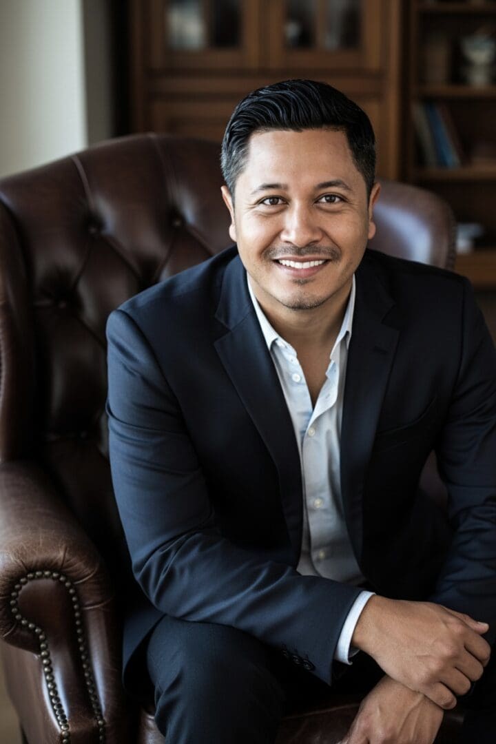 Man sitting in leather chair, smiling confidently.