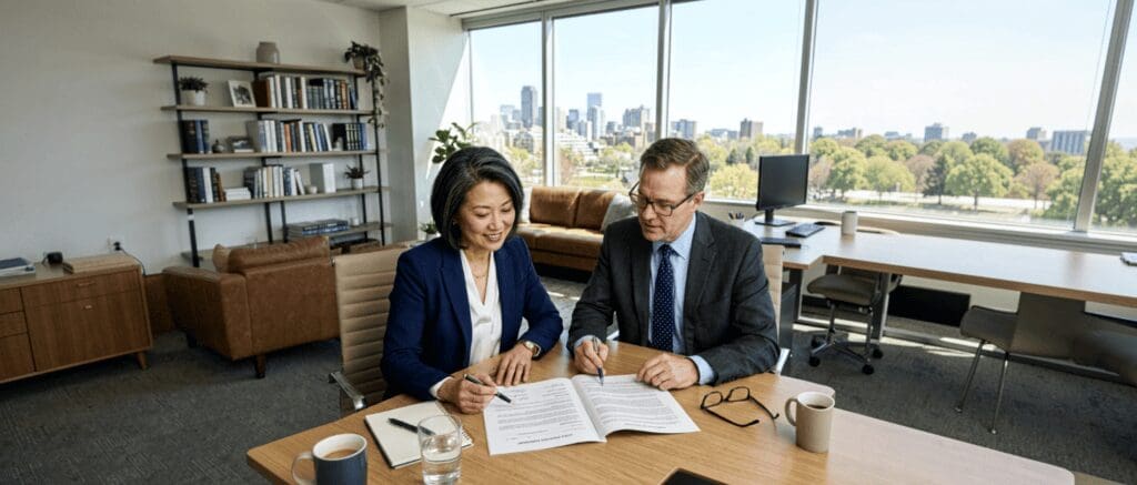 Two businesspeople signing documents in office