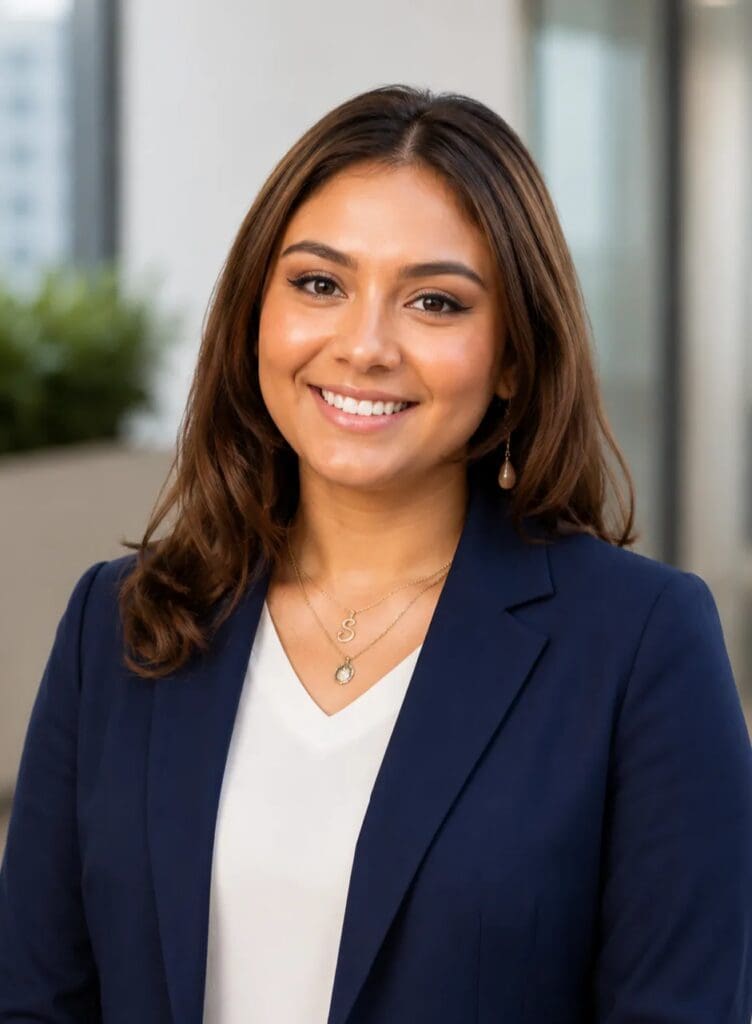Description of a woman in a navy blue suit.
