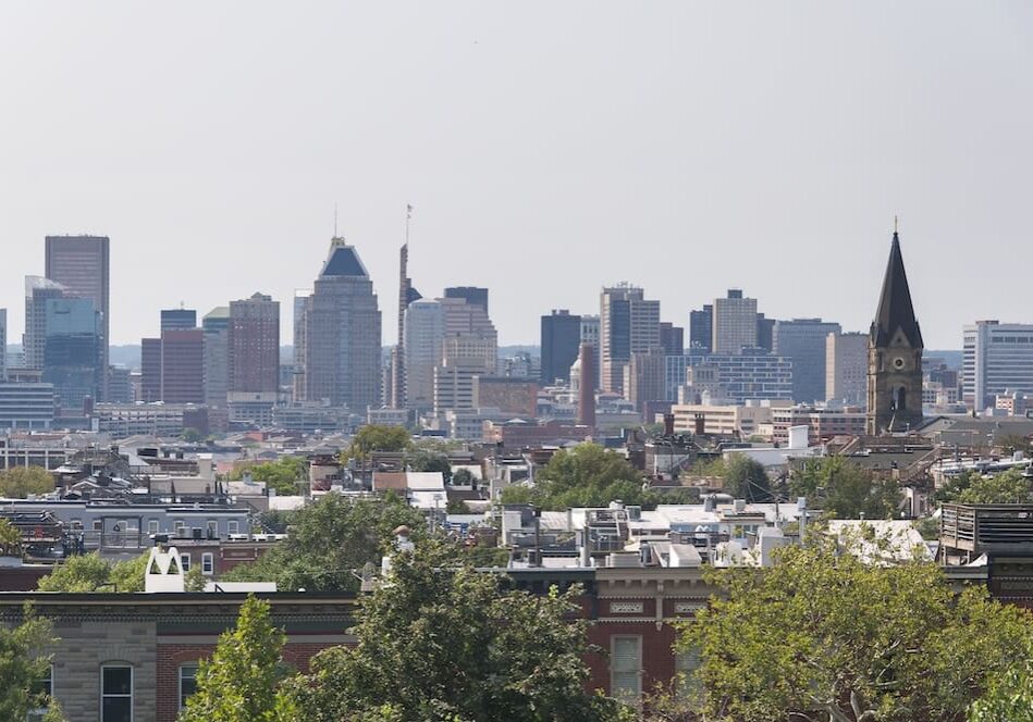 an aerial view of the city of baltimore from hampstead hill in patterson park in maryland.