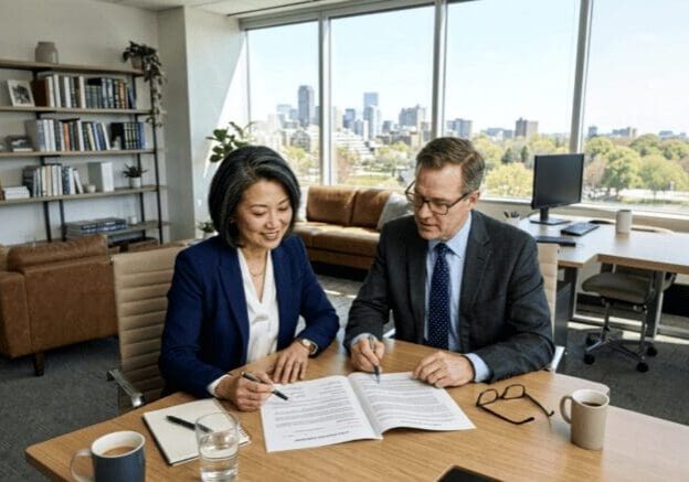 Two businesspeople signing documents in office
