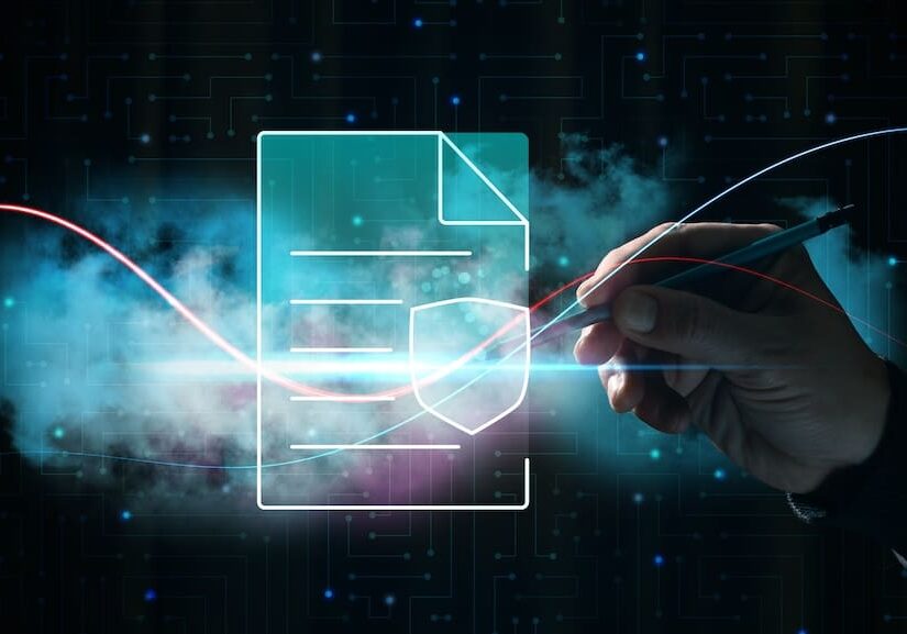 Hand drawing digital document with shield icon