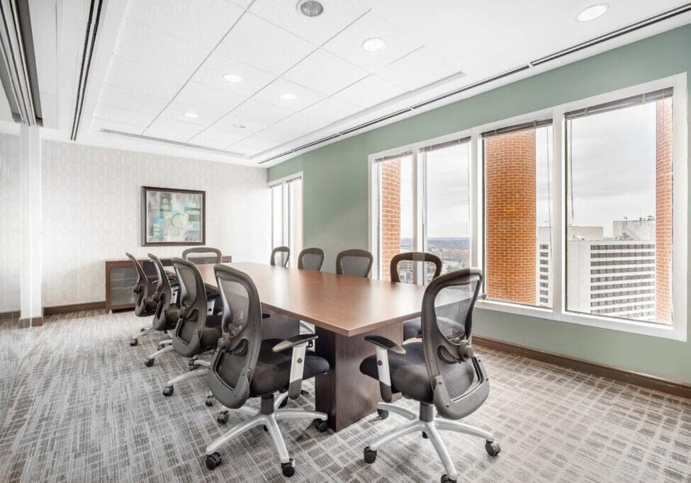 Modern conference room with city view.