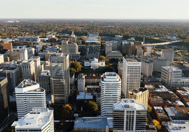 Aerial view of a city skyline.