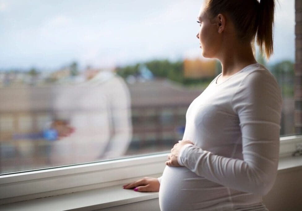 Pregnant woman gazing out the window.